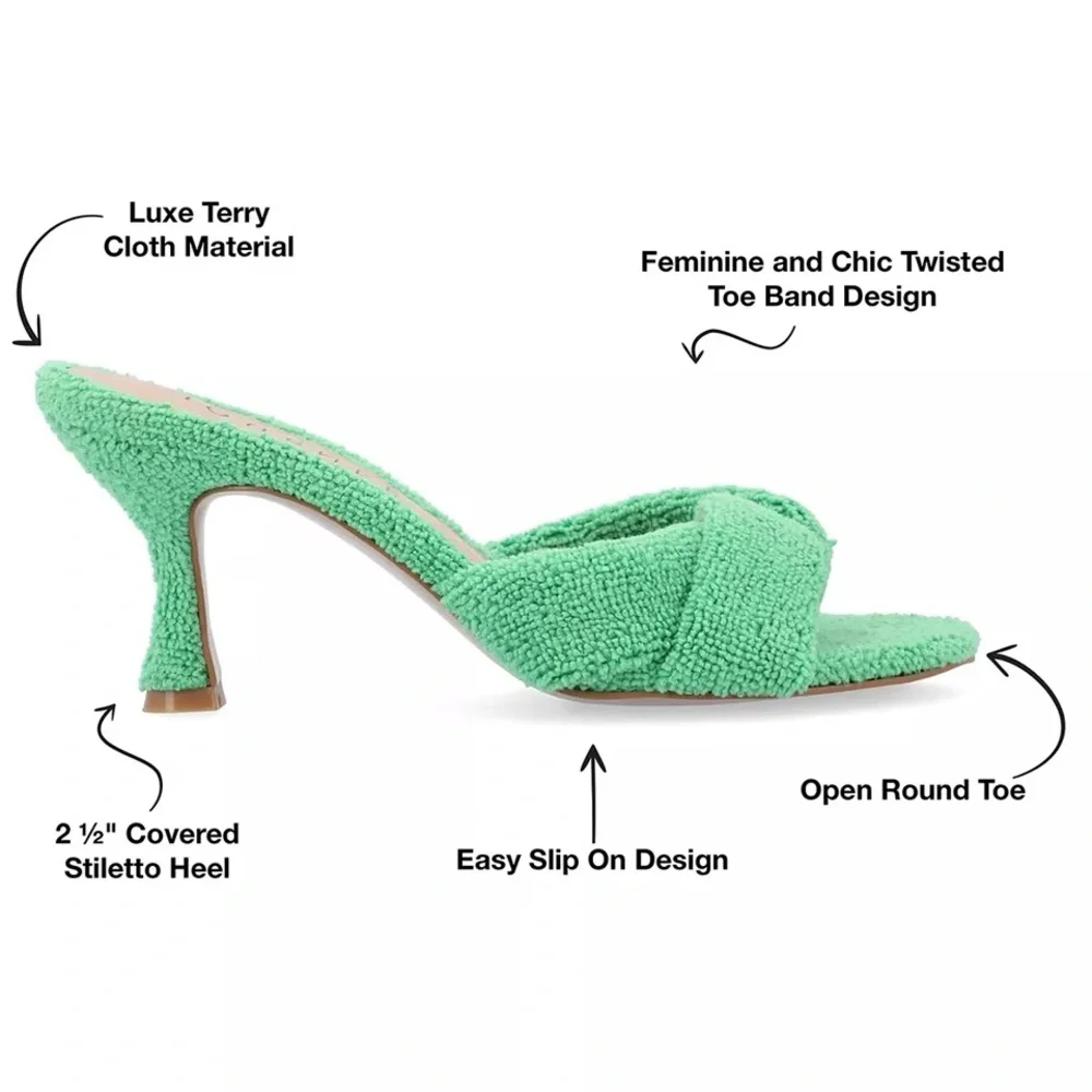 Green Terry Cloth Heeled Sandals - Picture 2 of 6